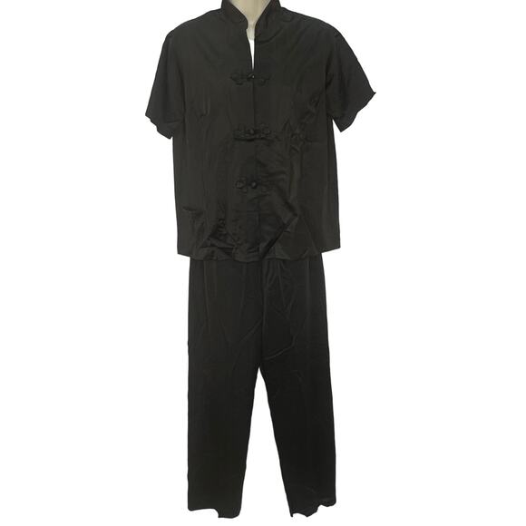 Vintage Shadowline Pajama Set Black Size S 32 Short Sleeve Mandarin Nylon - Picture 1 of 9
